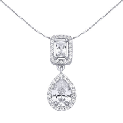 Silver  Pear Radiant CZ Toi et Moi Halo Pendant Necklace - GVP691