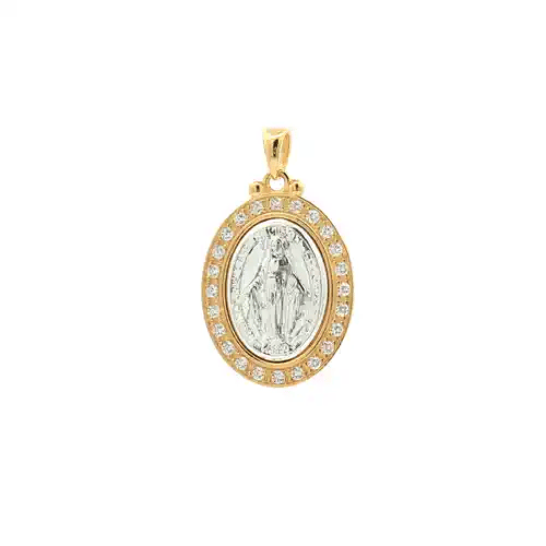 Gold-plated Silver  CZ Oval Halo Frame Madonna Medallion Pendant - GVP693