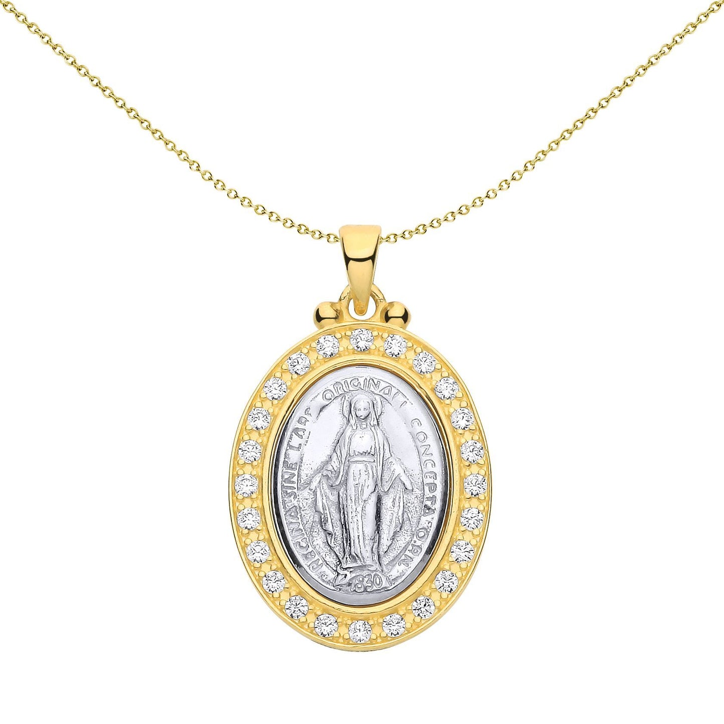 Gold-plated Silver  CZ Oval Halo Frame Madonna Medallion Pendant - GVP693
