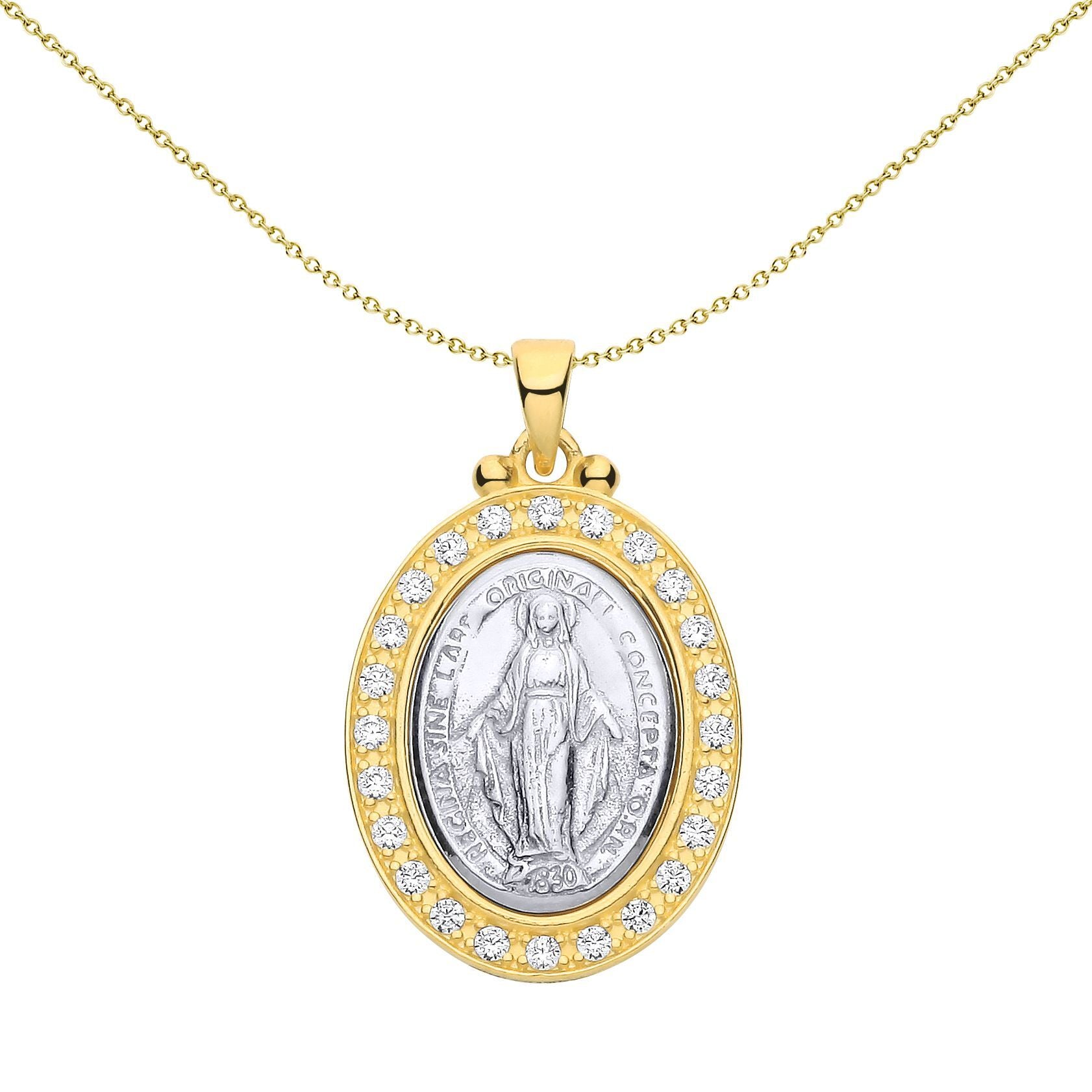 Gold-plated Silver  CZ Oval Halo Frame Madonna Medallion Pendant - GVP693