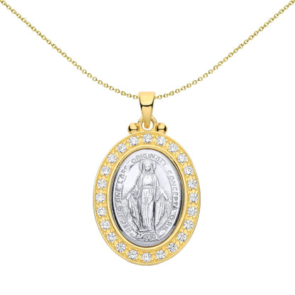 Gold-plated Silver  CZ Oval Halo Frame Madonna Medallion Pendant - GVP693