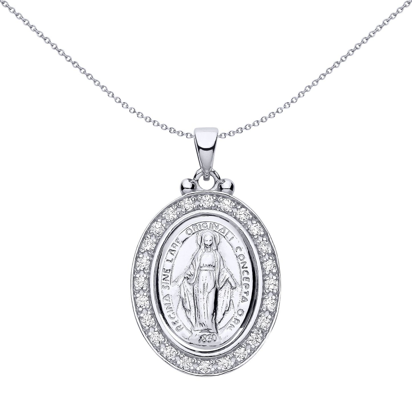 Silver  CZ Oval Halo Frame Miraculous Madonna Medallion Pendant - GVP694