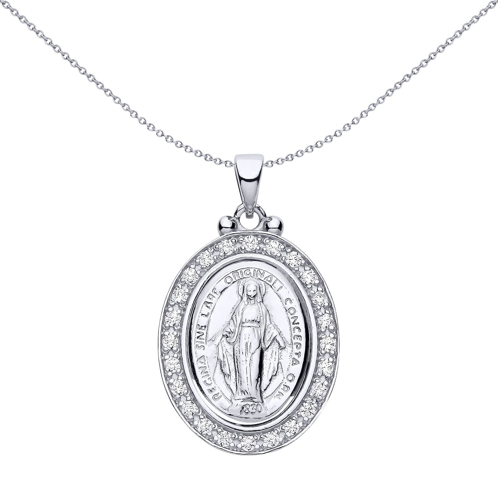 Silver  CZ Oval Halo Frame Miraculous Madonna Medallion Pendant - GVP694