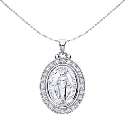 Silver  CZ Oval Halo Frame Miraculous Madonna Medallion Pendant - GVP694