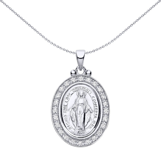 Silver  CZ Oval Halo Frame Miraculous Madonna Medallion Pendant - GVP694