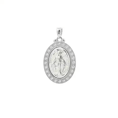 Silver  CZ Oval Halo Frame Miraculous Madonna Medallion Pendant - GVP694
