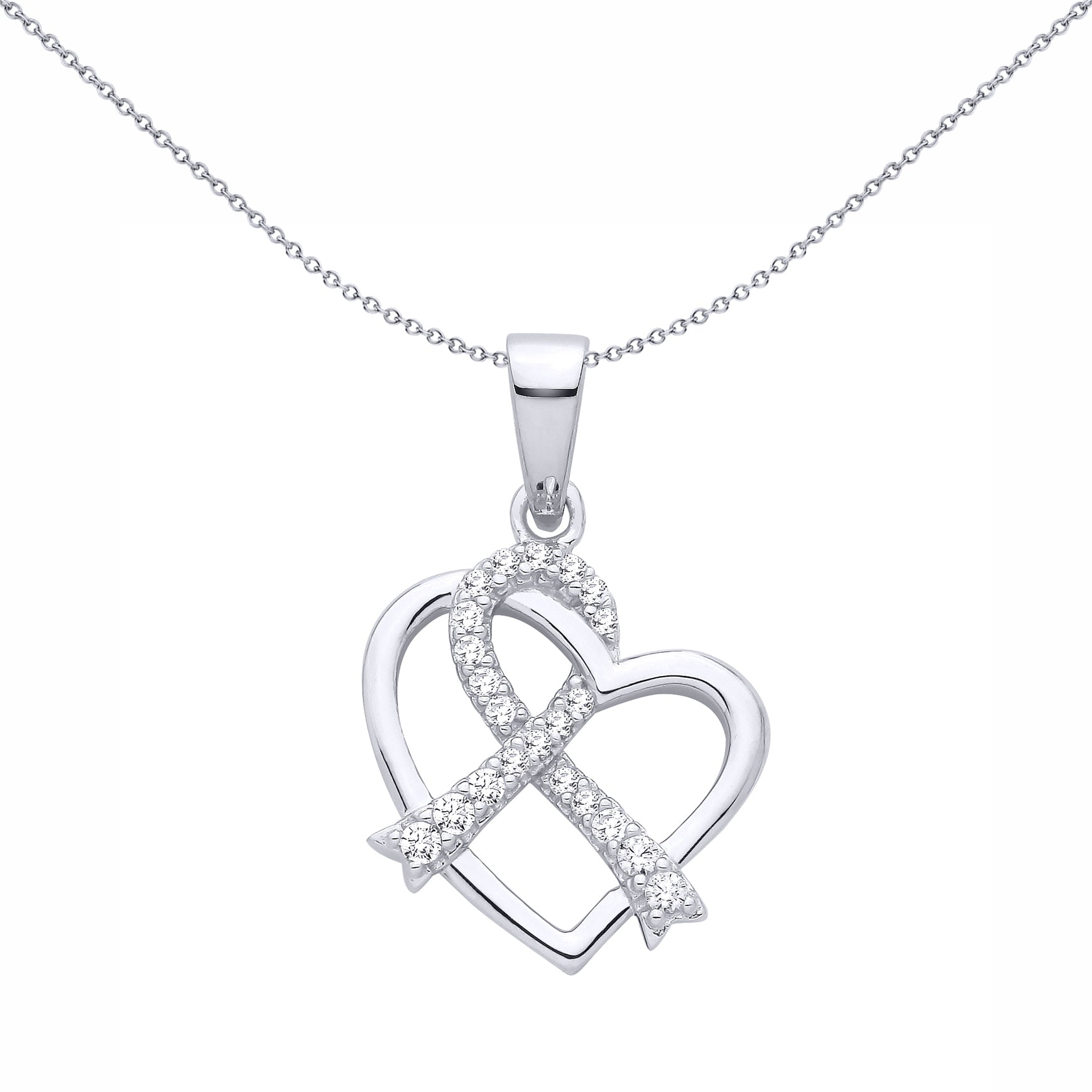 Silver  CZ Twined Love Heart Pave Ribbon Heart Pendant - GVP700