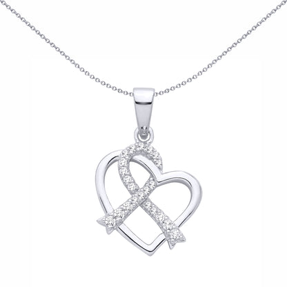 Silver  CZ Twined Love Heart Pave Ribbon Heart Pendant - GVP700