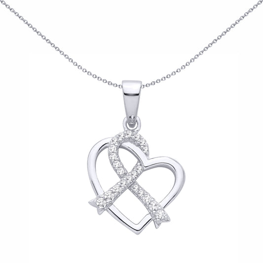 Silver  CZ Twined Love Heart Pave Ribbon Heart Pendant - GVP700