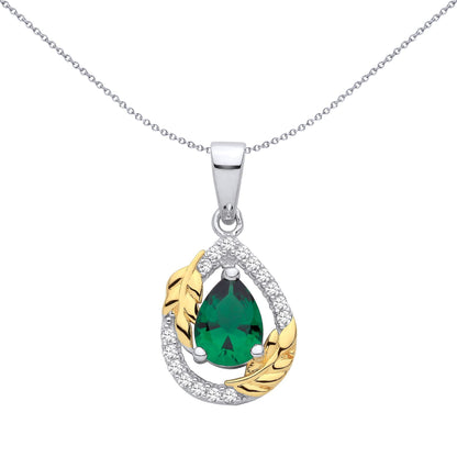 Gold-plated Silver  Green CZ Pearl Halo Olive Branch Leaf Pendant - GVP702