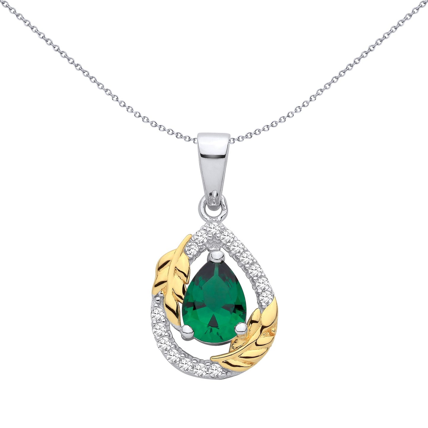 Sterling Silver & Gold Plated CZ & Emerald Tear Drop Pendant - GVP702