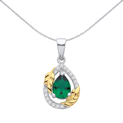 Sterling Silver & Gold Plated CZ & Emerald Tear Drop Pendant - GVP702