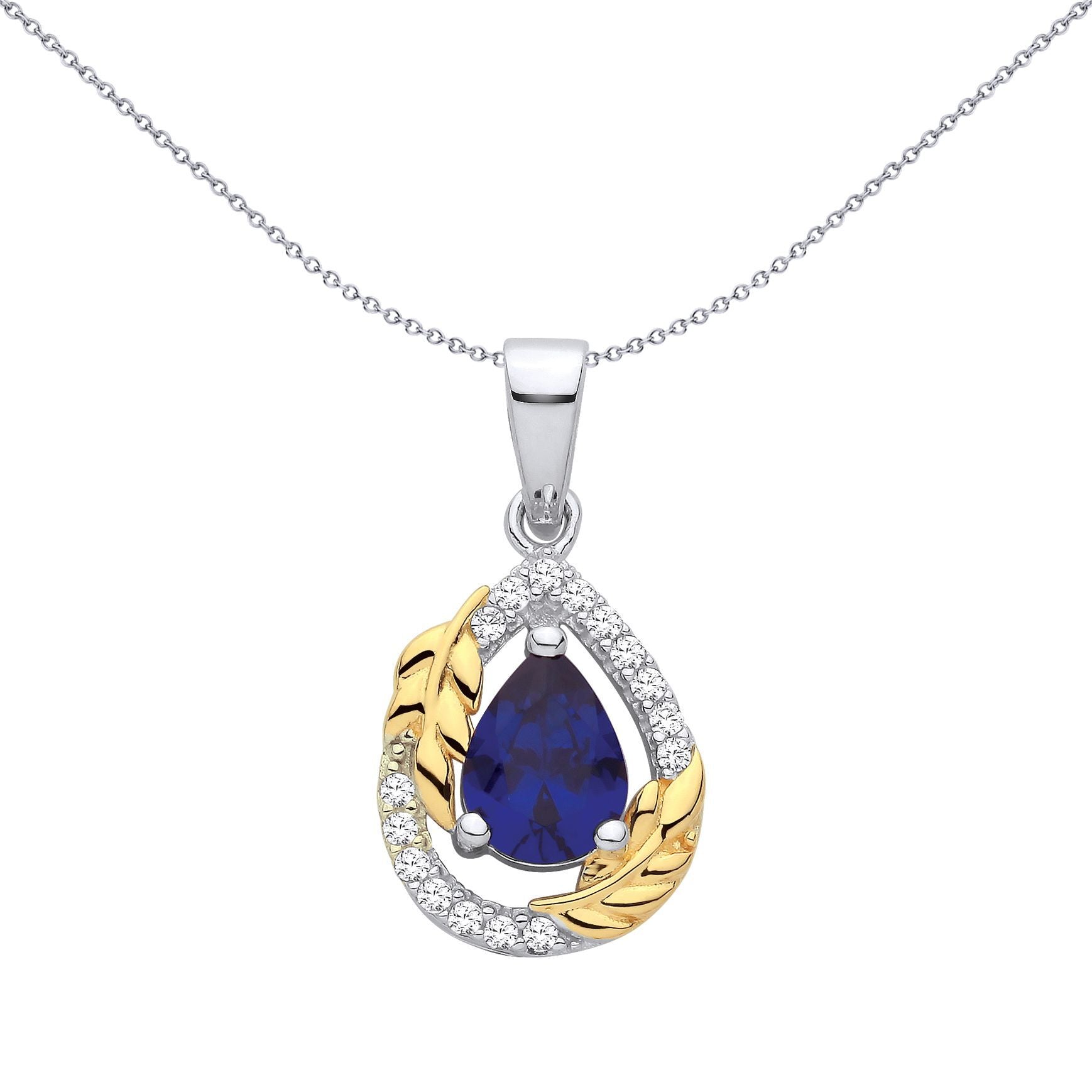 Gold-plated Silver  Blue Pear CZ Pearl Halo Olive Branch Pendant - GVP703