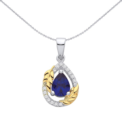 Gold-plated Silver  Blue Pear CZ Pearl Halo Olive Branch Pendant - GVP703