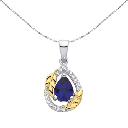 Gold-plated Silver  Blue Pear CZ Pearl Halo Olive Branch Pendant - GVP703