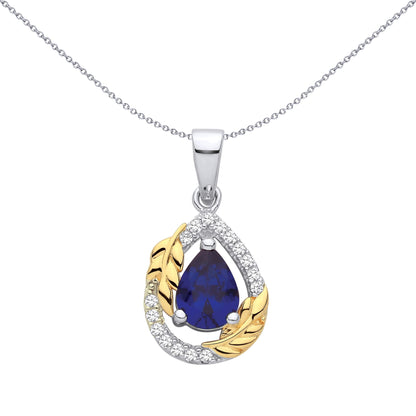 Sterling Silver & Gold Plated CZ & Sapphire Tear Drop Pendant - GVP703