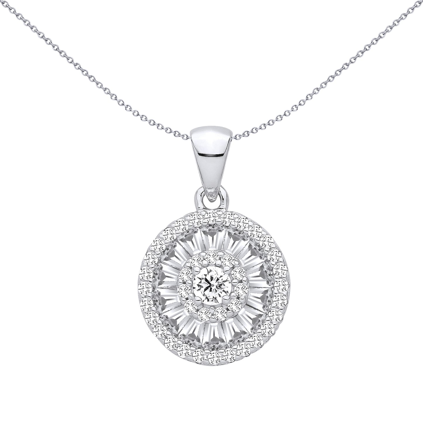 Silver  CZ Shimmering Solar Cluster Circular Halo Charm Pendant - GVP704