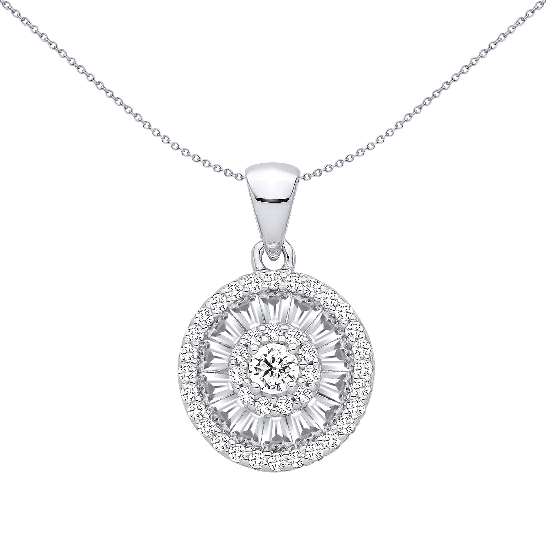 Silver  CZ Shimmering Solar Cluster Circular Halo Charm Pendant - GVP704
