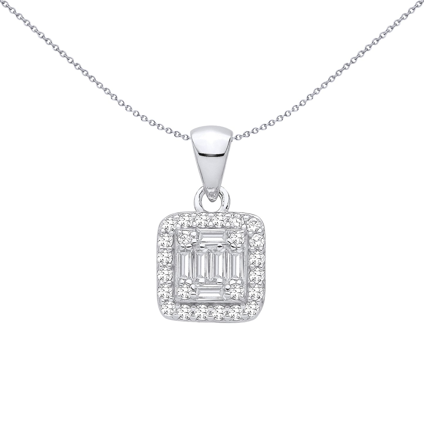 Silver  Baguette CZ Square Halo Art Deco Hall of Mirrors Pendant - GVP705