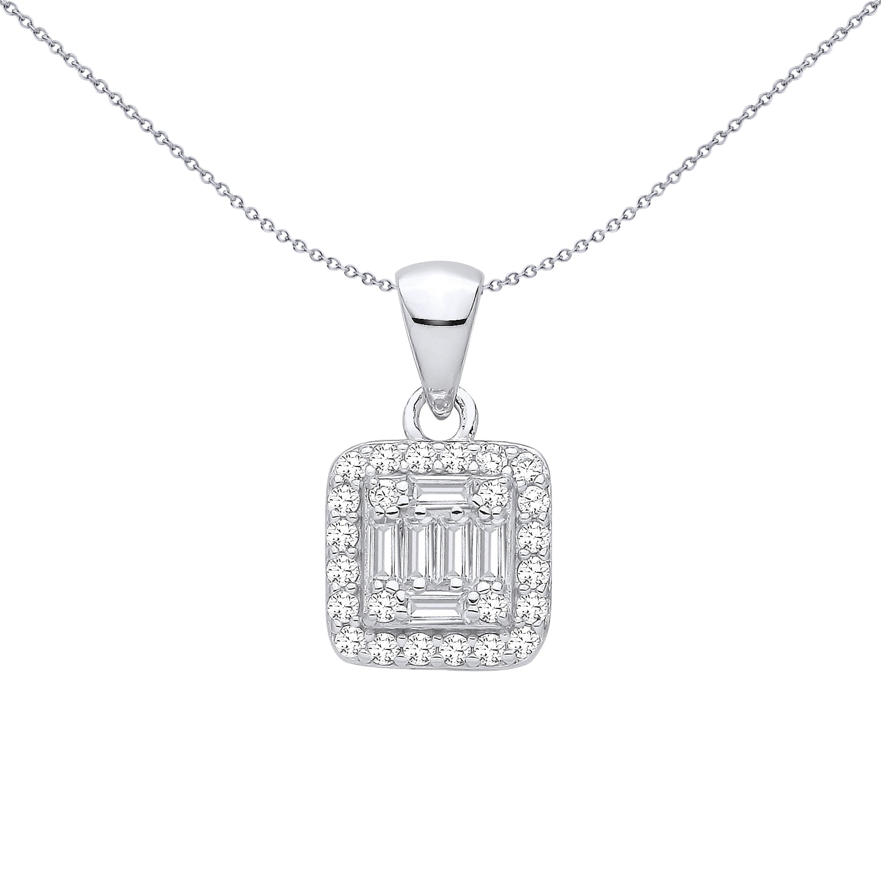 Silver  Baguette CZ Square Halo Art Deco Hall of Mirrors Pendant - GVP705
