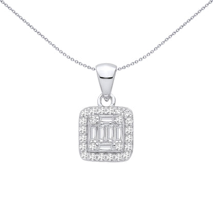 Silver  Baguette CZ Square Halo Art Deco Hall of Mirrors Pendant - GVP705