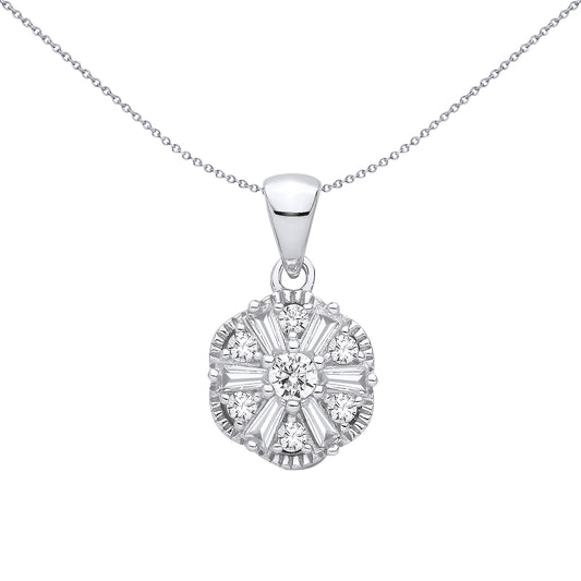 Silver  Baguette CZ Scallop Radial Snowflake Daisy Charm Pendant - GVP706