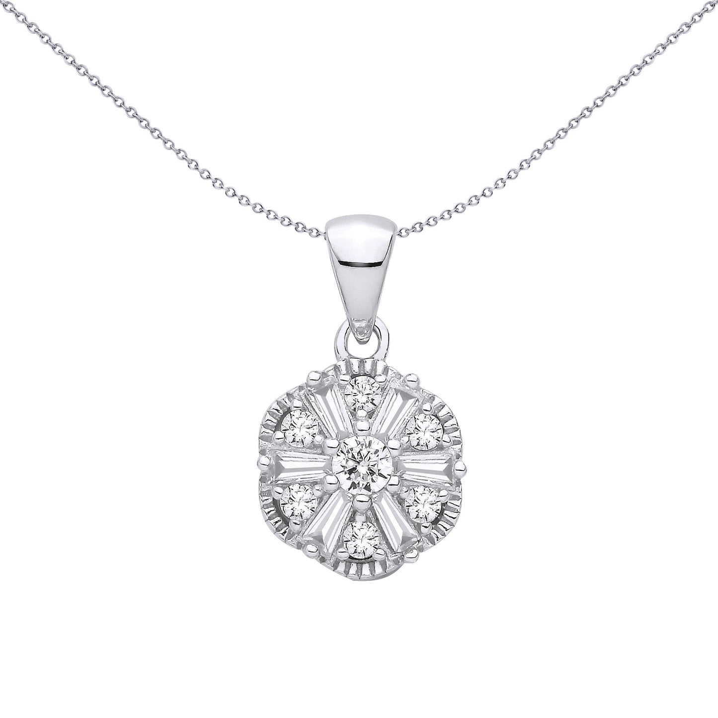 Silver  Baguette CZ Scallop Radial Snowflake Daisy Charm Pendant - GVP706