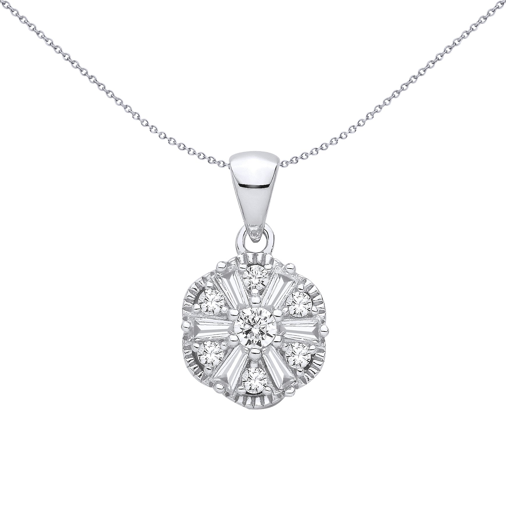 Silver  Baguette CZ Scallop Radial Snowflake Daisy Charm Pendant - GVP706