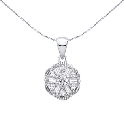 Silver  Baguette CZ Scallop Radial Snowflake Daisy Charm Pendant - GVP706