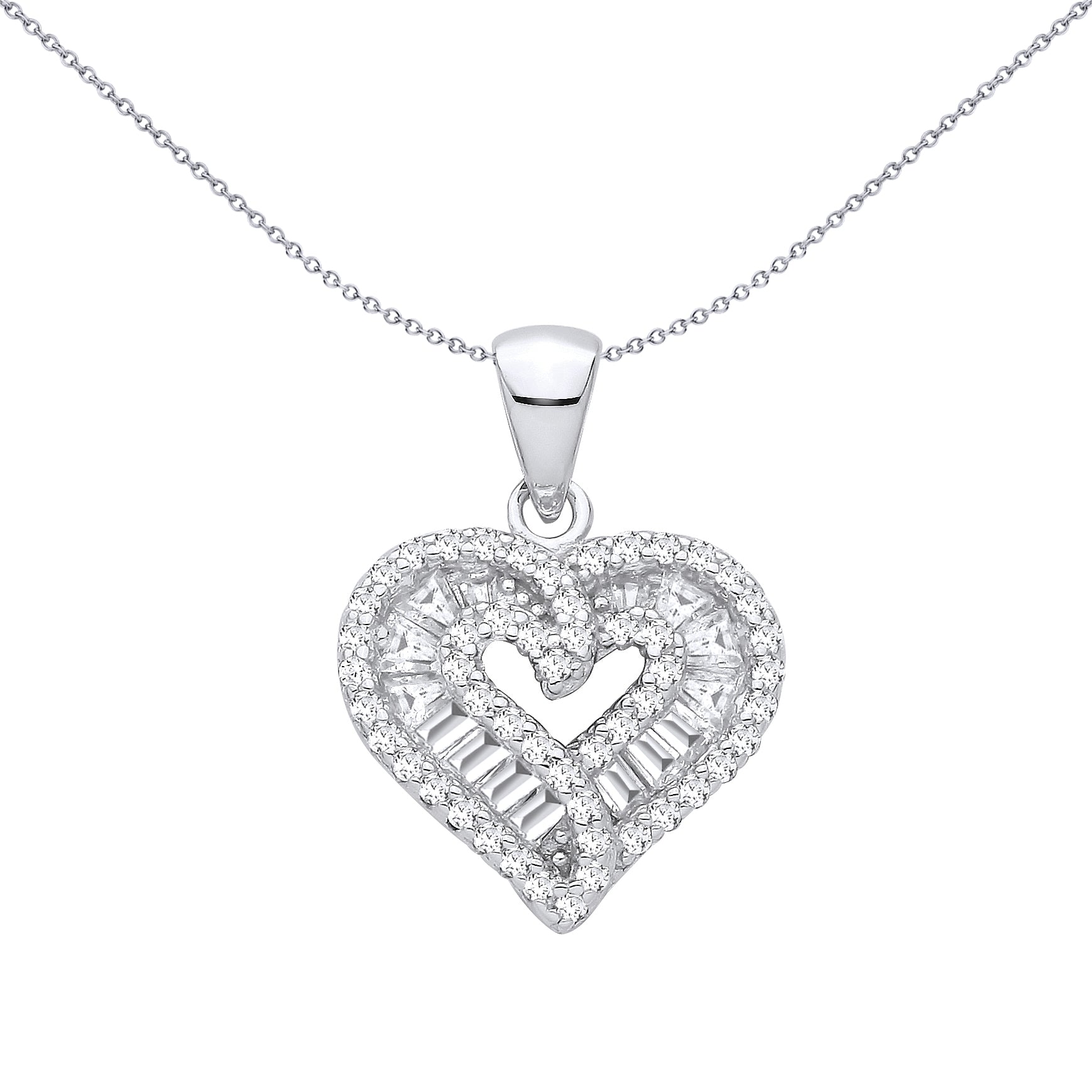 Sterling Silver CZ Round & Baguette Heart Pendant - GVP707