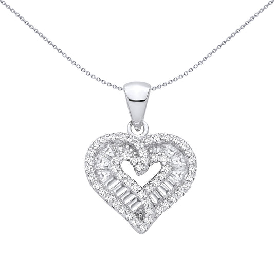 Silver  Trapezoid CZ Layered Heart Tentacle Wave Heart Pendant - GVP707