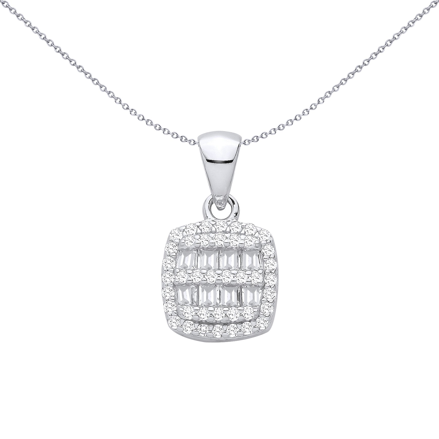 Silver  Baguette CZ Cushion Halo Art Deco Shimmering Grid Pendant - GVP708