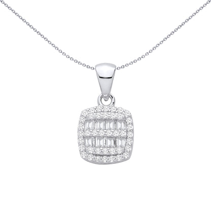 Silver  Baguette CZ Cushion Halo Art Deco Shimmering Grid Pendant - GVP708