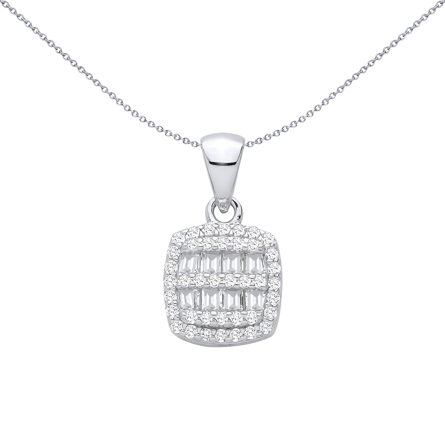 Silver  Baguette CZ Cushion Halo Art Deco Shimmering Grid Pendant - GVP708