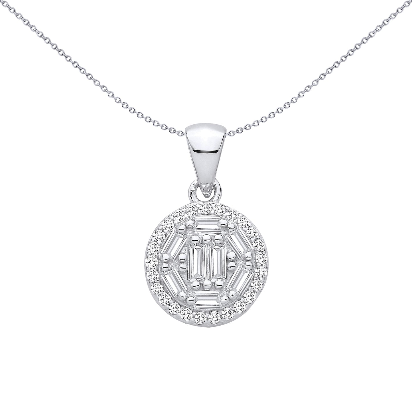Silver  Baguette CZ Geometric Hexagon Circular Halo Charm Pendant - GVP709