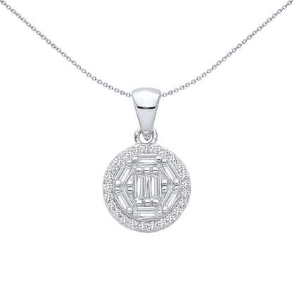 Silver  Baguette CZ Geometric Hexagon Circular Halo Charm Pendant - GVP709