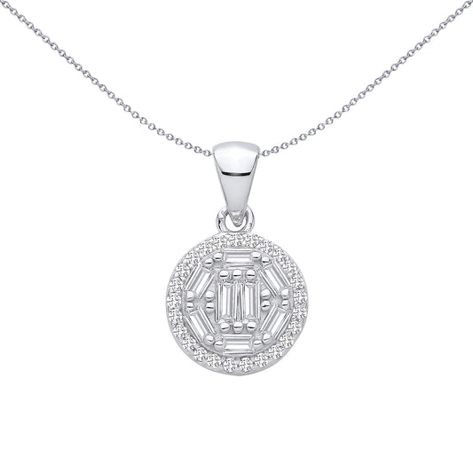Silver  Baguette CZ Geometric Hexagon Circular Halo Charm Pendant - GVP709