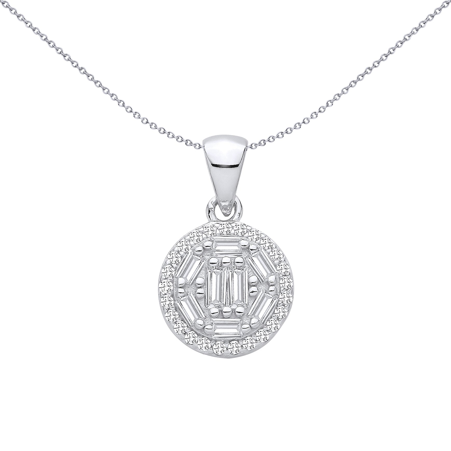Silver  Baguette CZ Geometric Hexagon Circular Halo Charm Pendant - GVP709