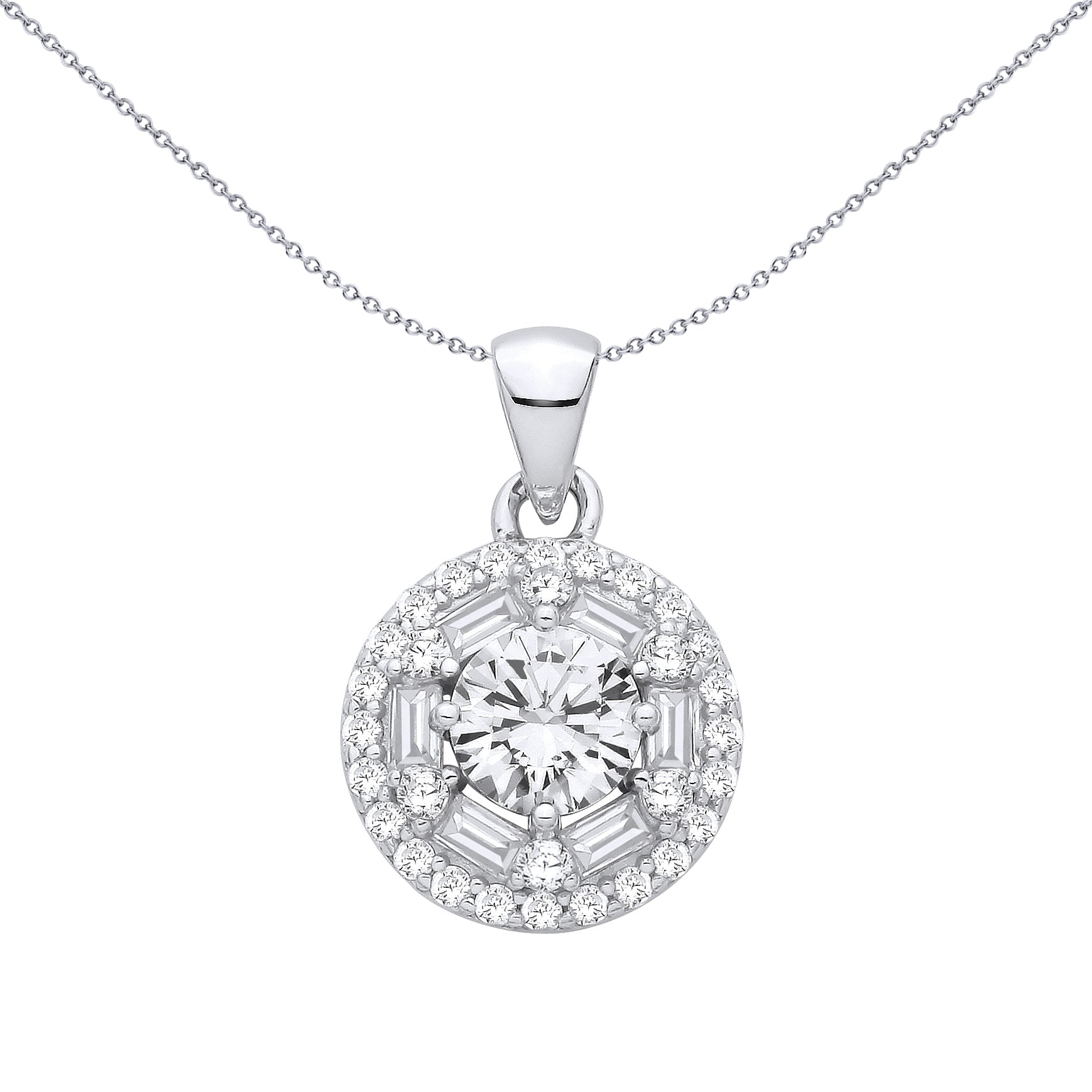 Silver  Baguette CZ Explodding Radiant Circular Halo Pendant - GVP710
