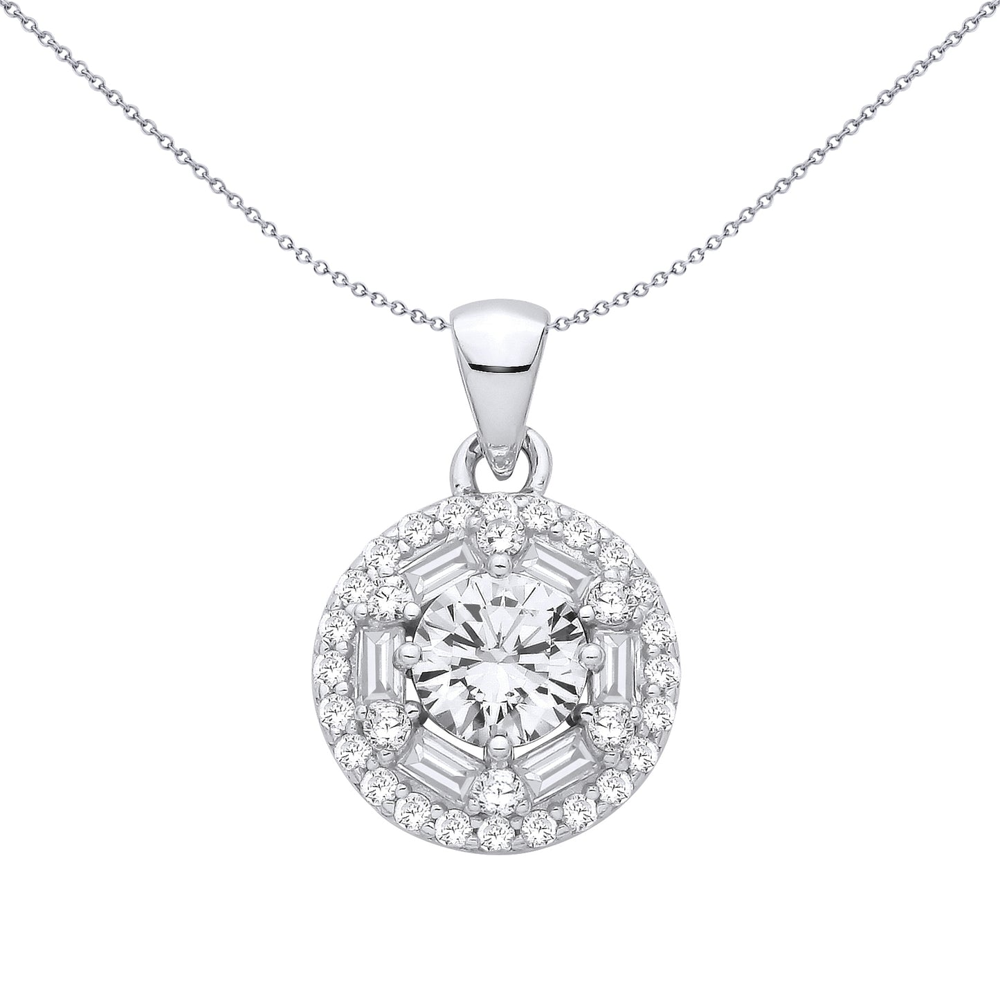 Silver  Baguette CZ Explodding Radiant Circular Halo Pendant - GVP710