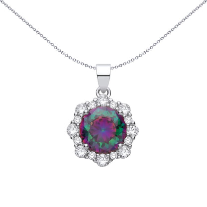 Silver  Rainbow CZ Scalloped Halo Peacock Solitaire Charm Pendant - GVP713