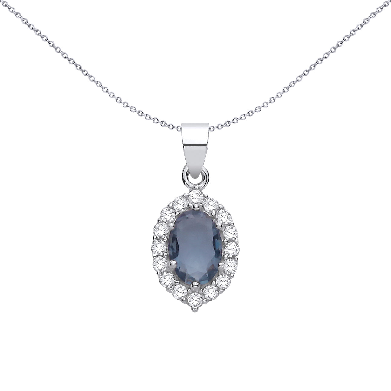Silver  Blue Oval CZ Citron Halo Solitaire Cluster Charm Pendant - GVP714