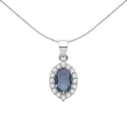 Silver  Blue Oval CZ Citron Halo Solitaire Cluster Charm Pendant - GVP714