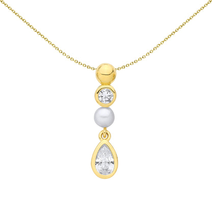 Gold-plated Silver  Pear Pearl CZ Golden Bezel Halo Bubble Pendant - GVP717