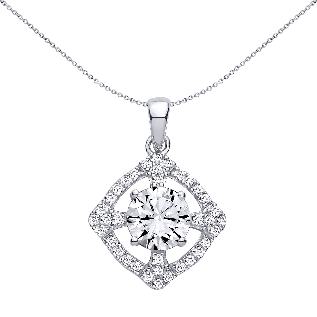 Silver  CZ Maltese Cross Scalloped Square Cushion Halo Pendant - GVP720