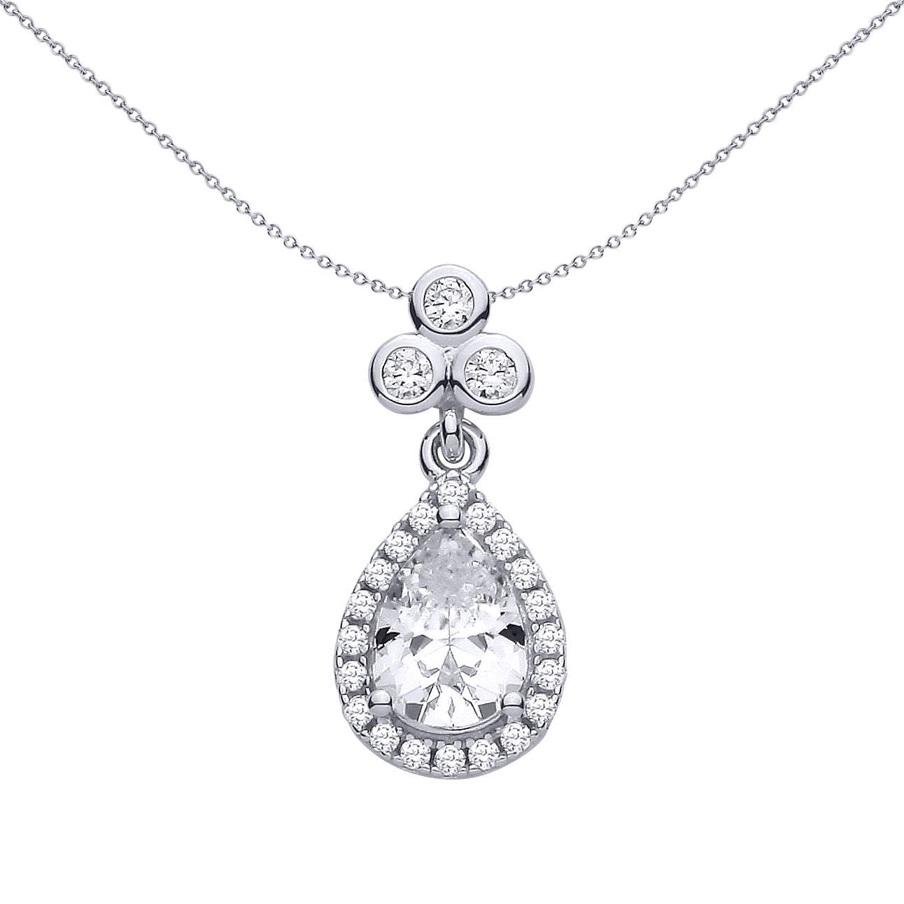 Silver  Pear CZ Clover Clubs Cluster Teardrop Halo Charm Pendant - GVP722