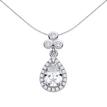 Silver  Pear CZ Clover Clubs Cluster Teardrop Halo Charm Pendant - GVP722