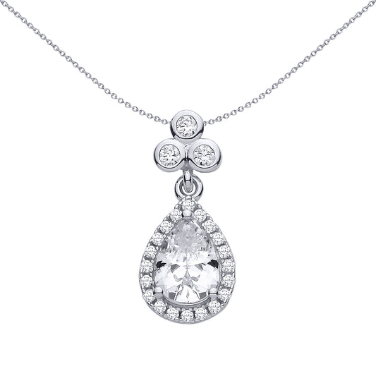 Silver  Pear CZ Clover Clubs Cluster Teardrop Halo Charm Pendant - GVP722