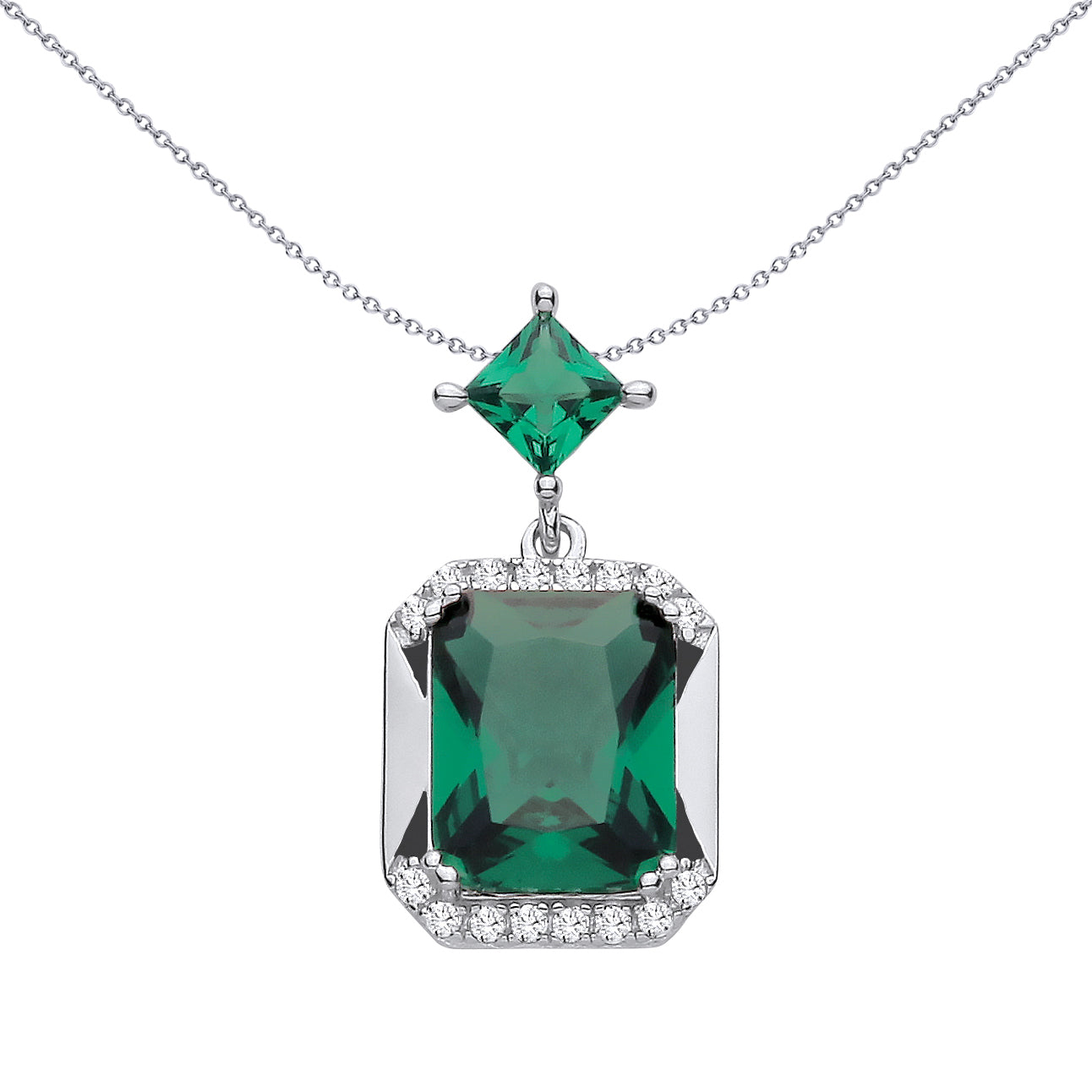 Silver  Green & Princess CZ Kite & Octagon Half Halo Amphi Pendant - GVP723