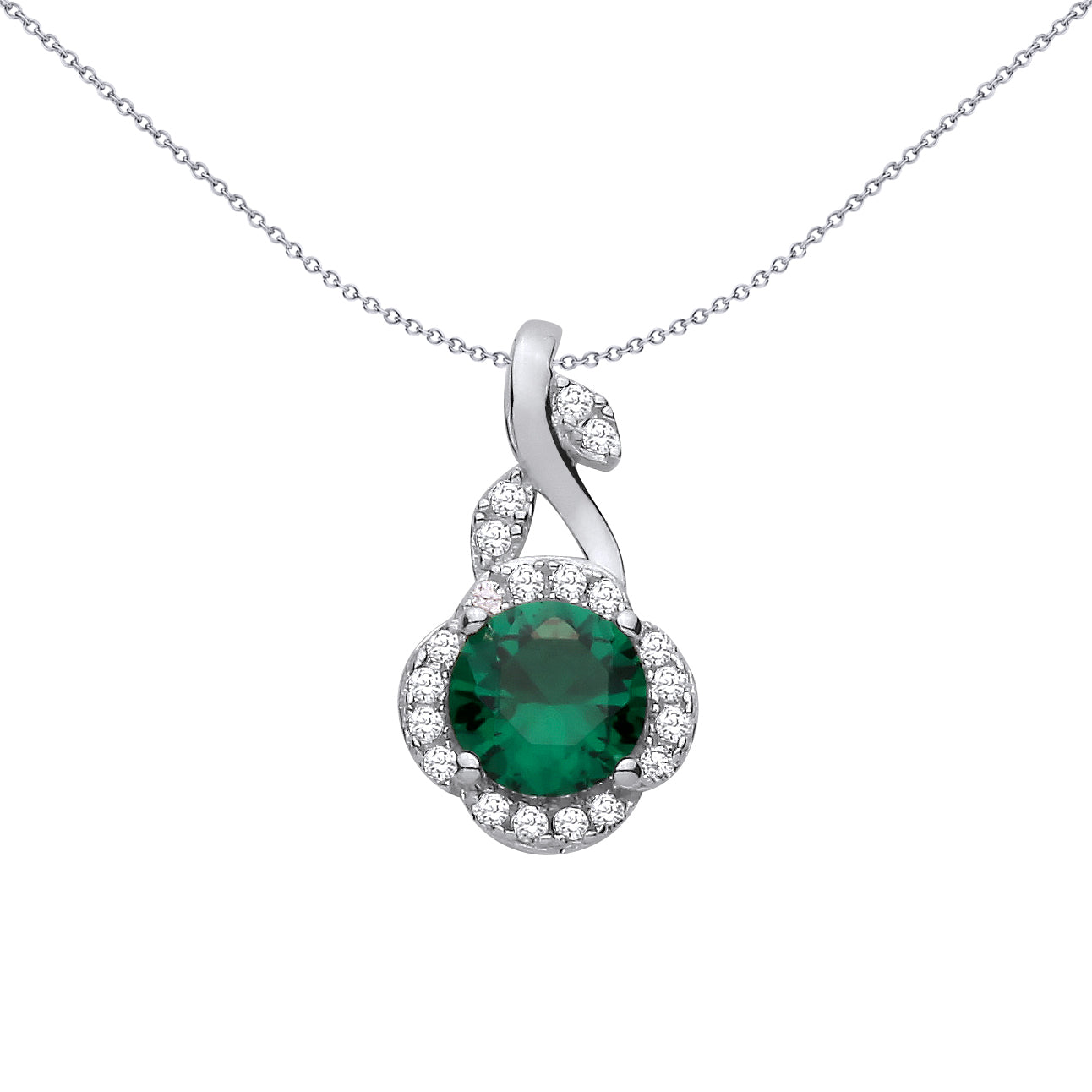 Sterling Silver  CZ & Emerald Round Petal Pendant - GVP724